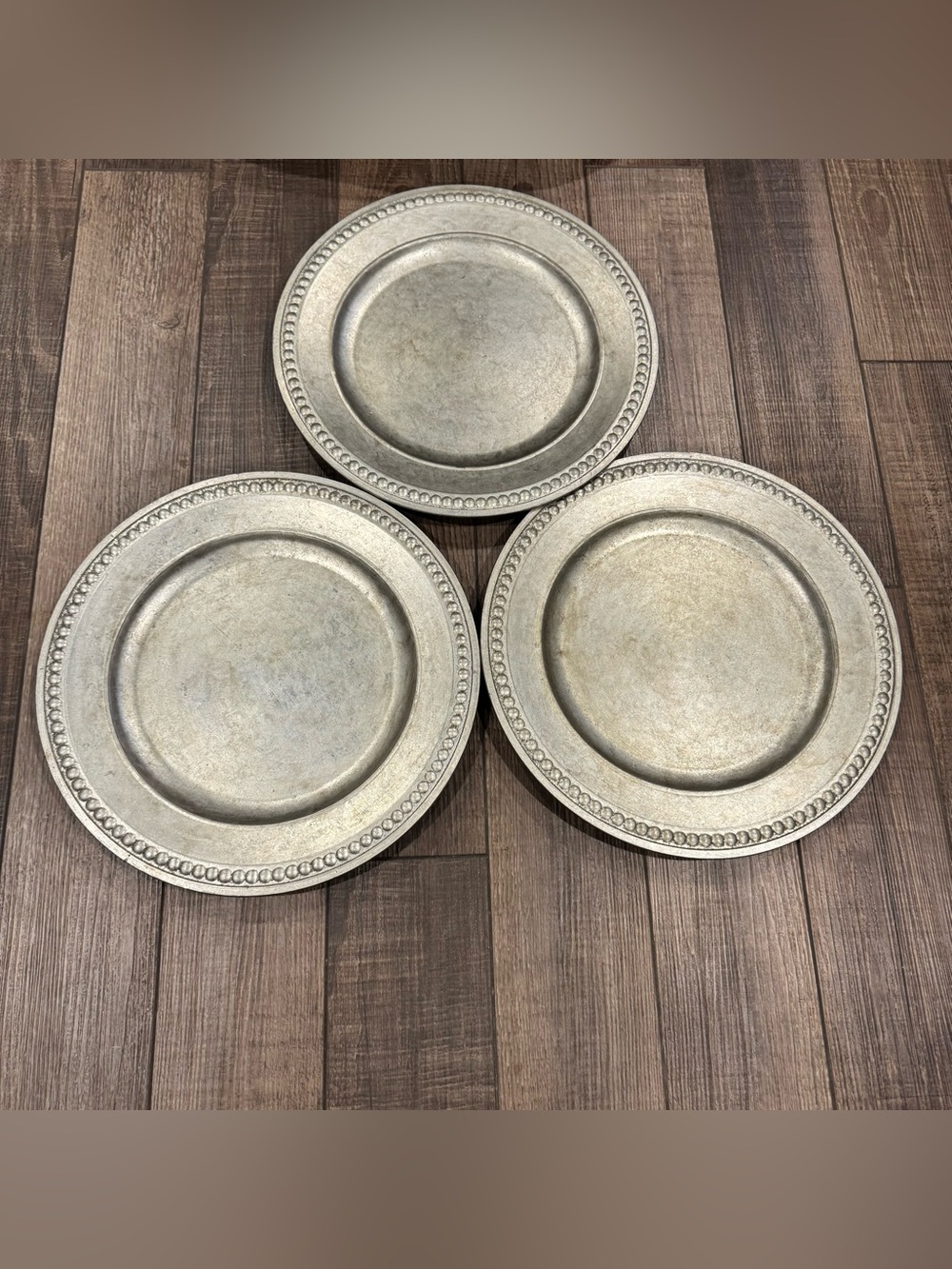 Set of 3 Pottery Barn Beaded Silver Gilt Charger Plates Pewter-Look